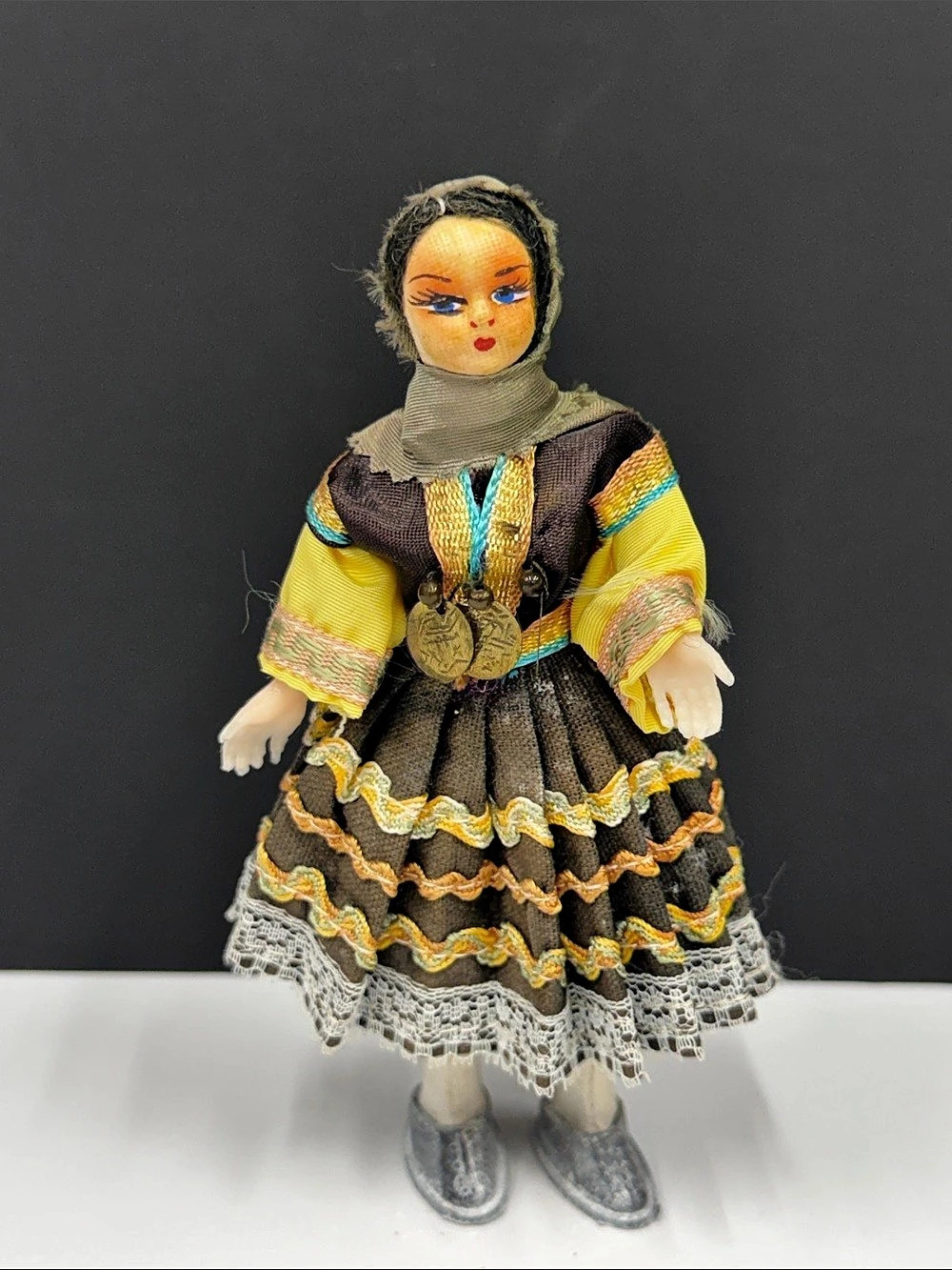 Vintage European Folk Costume Doll 6.5” Traditional Dress Coin Necklace Souvenir